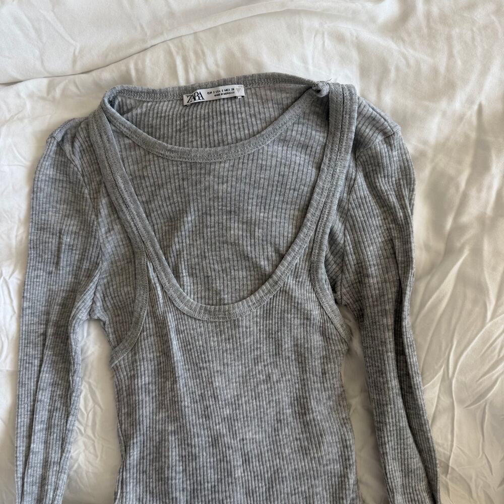 ZARA SEMI SHEER LAYERED GRAY LONG SLEEVE TOP SIZE S